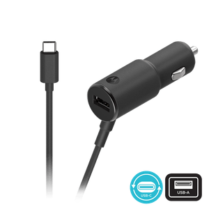 TurboPower 36W Dual connection Car Charger with attached USB-C cable and USB-A port
